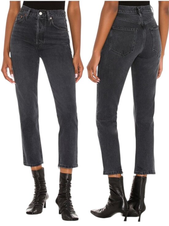 Agolde Denim - AGOLDE Riley High Rise Straight Crop Jeans Black Button Fly Size 28